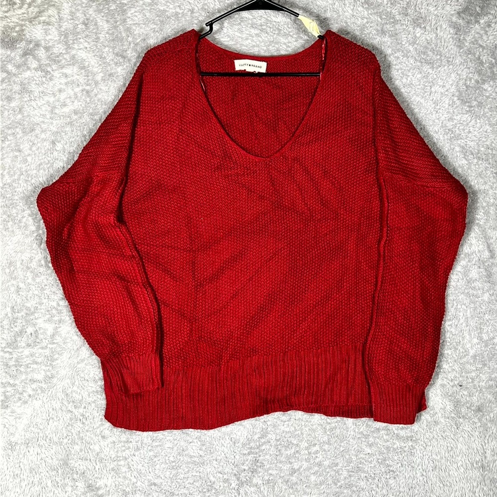 Lucky Brand Sweater Womens Large Red Cotton Textured Knit Long Sleeve V Neck